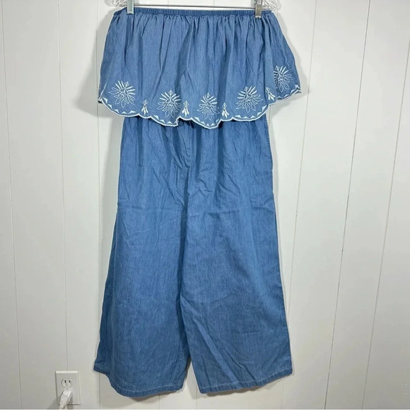 Jessica Simpson denim jumpsuit cropped wide leg strapless 100% cotton ruffle - Picture 1 of 9